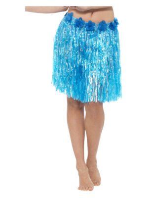 Hawaiian Hula Skirt with Flowers, Neon Blue