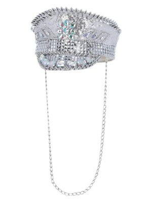 Fever Deluxe Sequin Studded Captains Hat, Silver