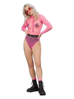 Fever Long Sleeve Zipped Bodysuit, Neon Pink