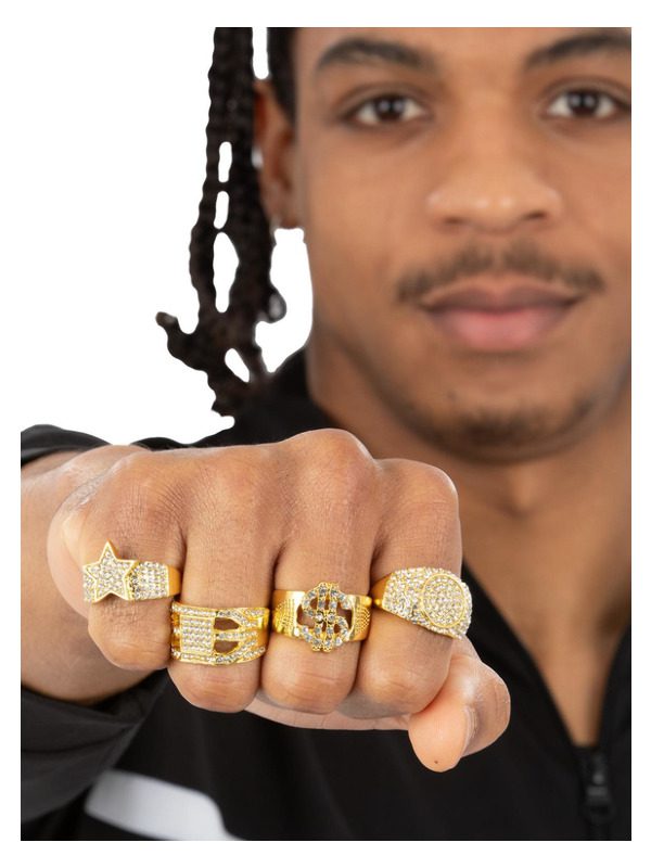 90s Gold & Diamond Bling Rings, 4Pk